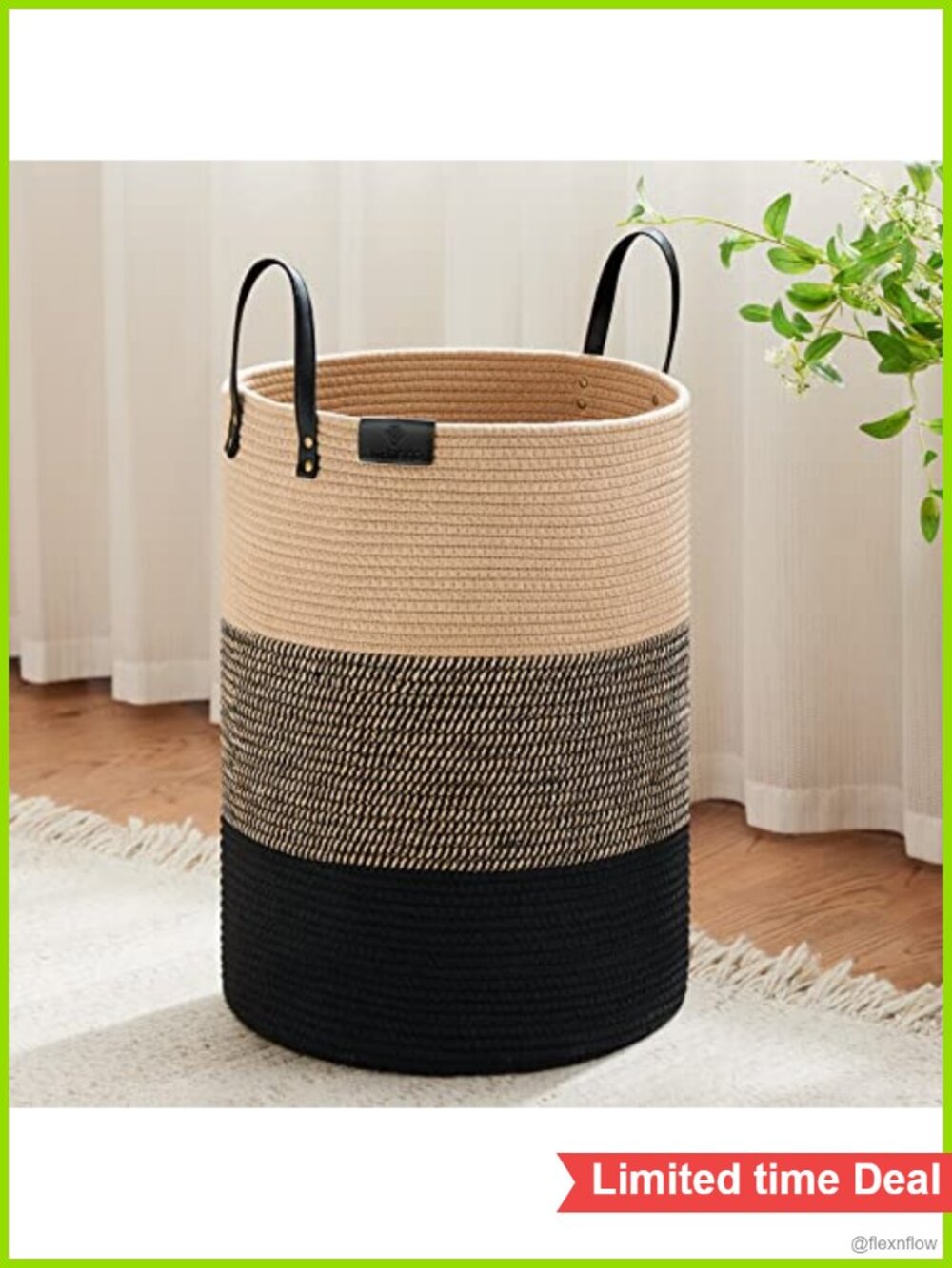 Tall Woven Cotton Rope Laundry Hamper with Leather Handles, 72L